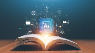 AI education concept with glowing chip above open book. Symbolizing digital transformation. Learning innovation and the integration of artificial intelligence in modern knowledge.