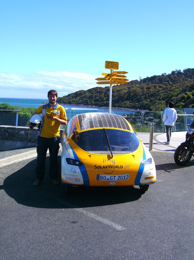 Mit Tigerente am Etappenziel: Felix Burmeister am Lands End in Bluff