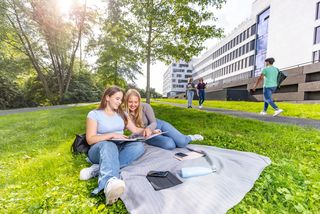 Studierende sitzen auf einer Wiese