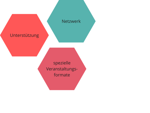 3 verschiedenfarbie Warben random verteilt. Wabe 1: Unterstützung, 2 Wabe: Netzwerk, 3 Warbe:spezielle Veranstaltungsangebote