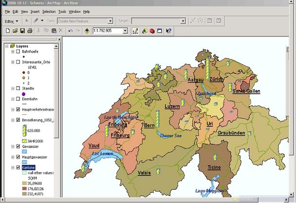 Screenshot einer Karte der Schweiz in ArcMap