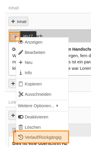 Änderungsverlauf bei Inhaltselementen aufrufen