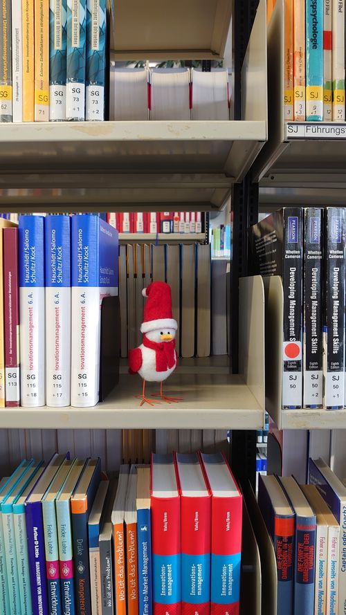 Deko Weihnachtsvogelfigur im Bibliotheksreagal