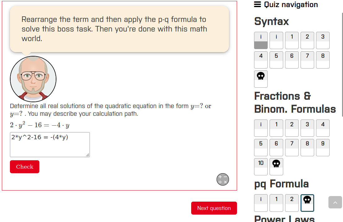 Screenshot der angepassten Moodle-Oberfläche im gamifizierten Mathe-Übungsraum.